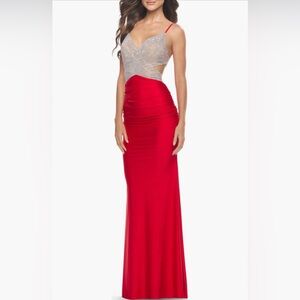 ❤️Rhinestone Bodice Red Prom Gown | Strappy Open Back | Ruched Jersey Dress❣️